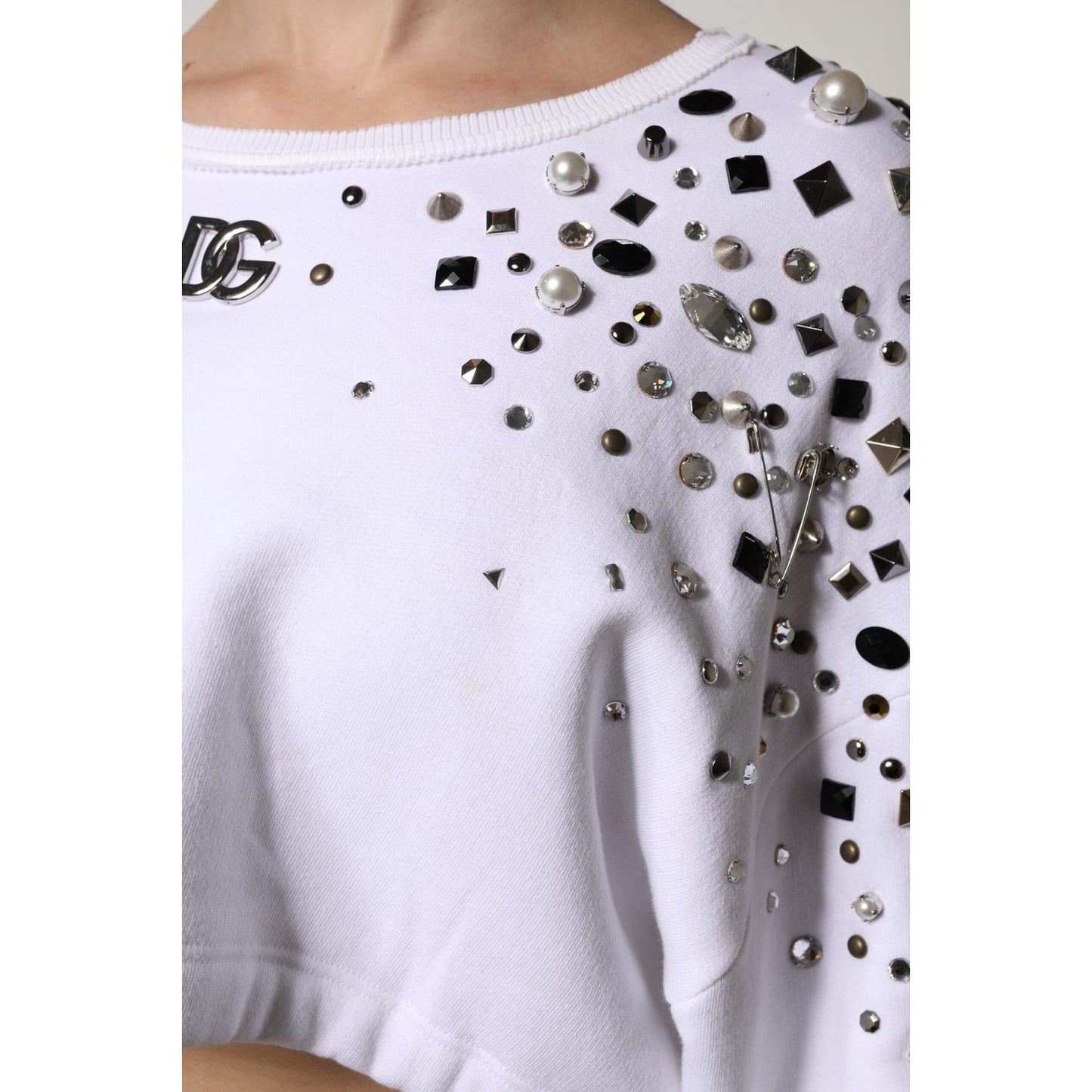 Dolce & Gabbana White Embellished Long Sleeve Cropped Sweater