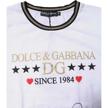 Dolce & Gabbana White Printed Round Neck Top Cotton T-shirt
