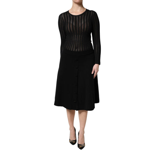 Dolce & Gabbana Black Cashmere Long Sleeves A-line Midi Dress
