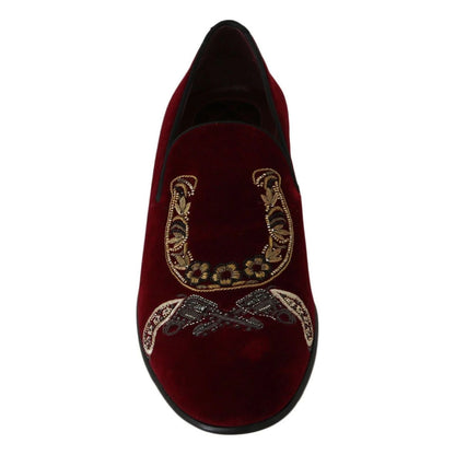 Dolce & Gabbana Bordeaux Velvet Loafers Gun Horseshoe Shoes