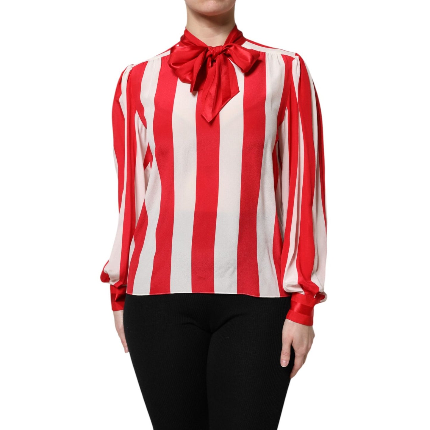 Dolce & Gabbana Red White Stripes Ascot Collar Blouse Top