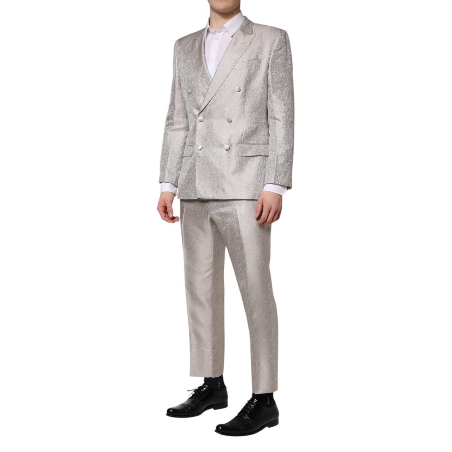 Dolce & Gabbana Light Gray Jacquard Silk Dotted 2 Piece Suit