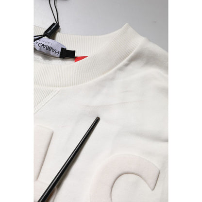 Dolce & Gabbana White Embossed Logo Cotton Crew Neck Sweater