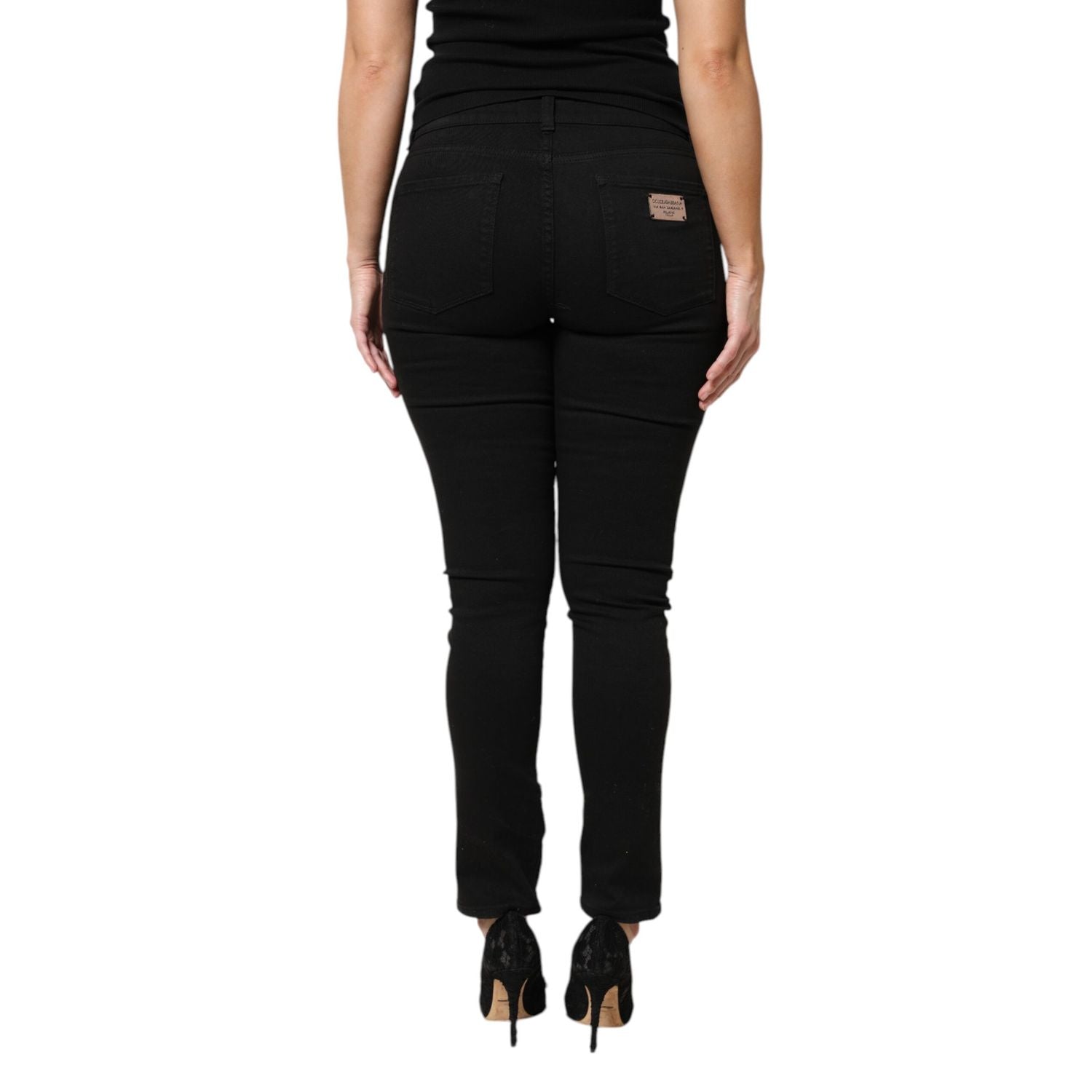 Dolce & Gabbana Black Cotton Logo Mid Waist Skinny Denim Jeans