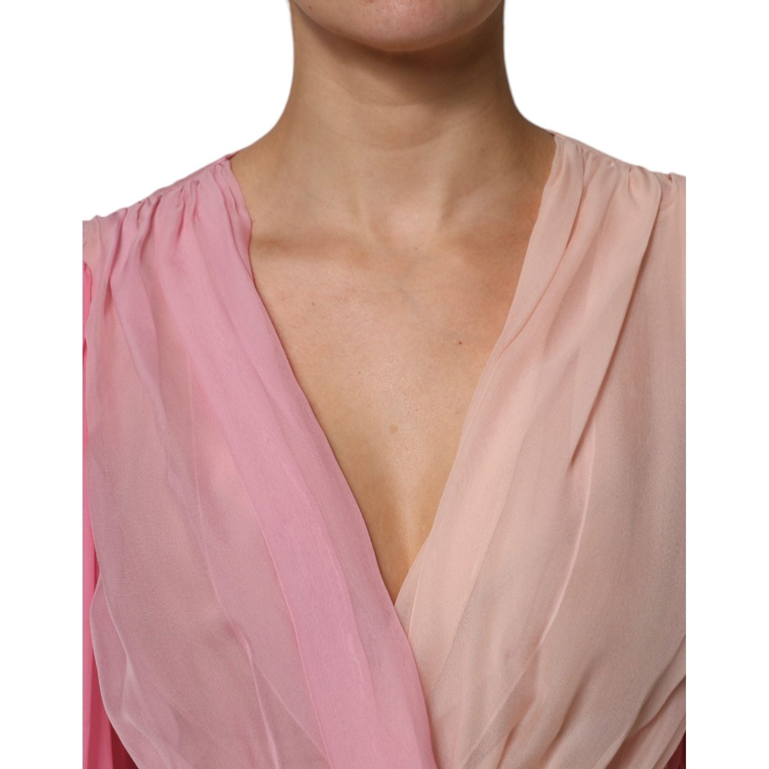 Dolce & Gabbana Pink Plunging V-neck Long Sleeves Blouse Top