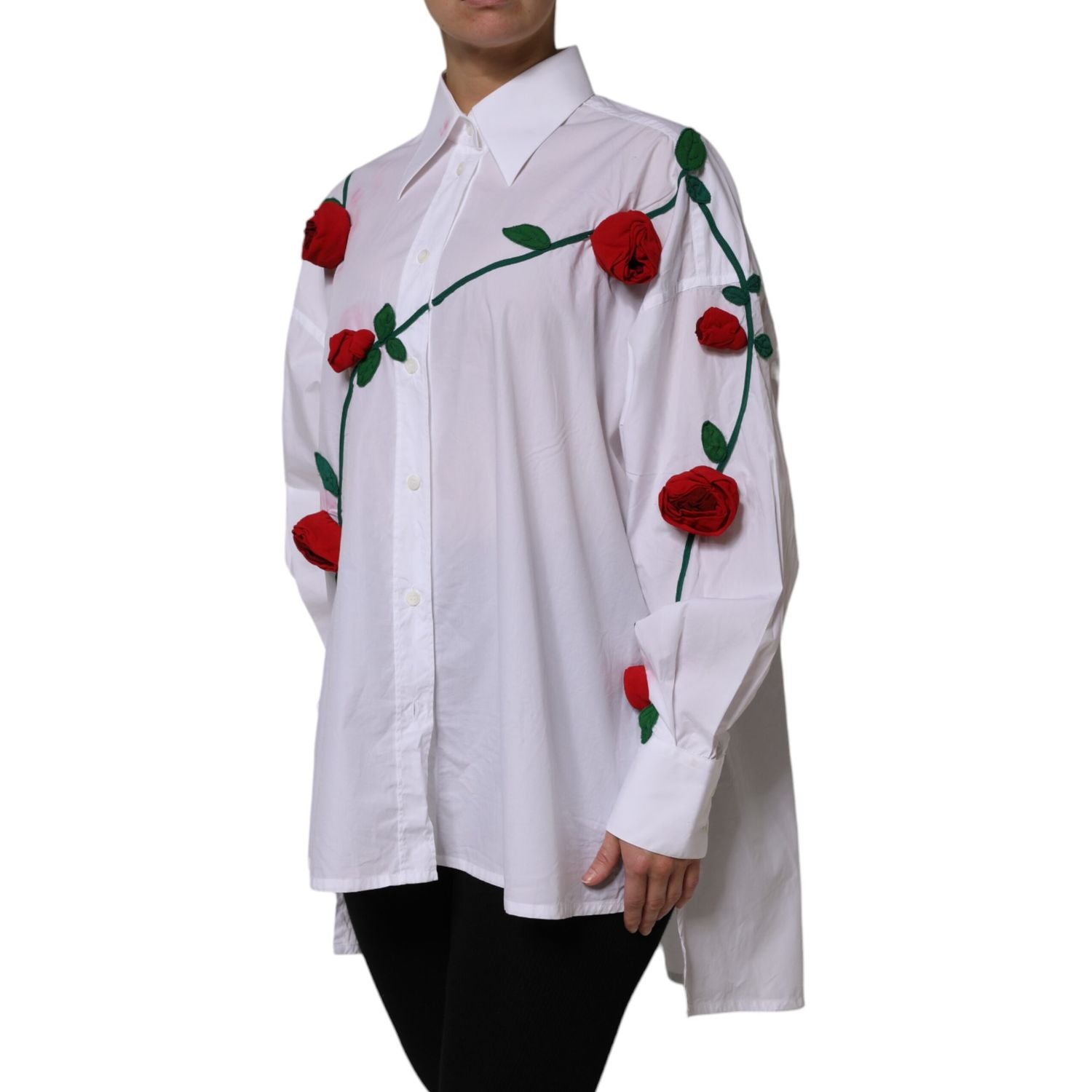 Dolce & Gabbana White Cotton Floral Appliques Dress Shirt Top