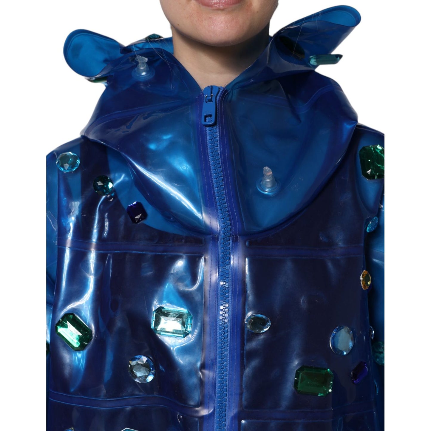Dolce & Gabbana Blue Crystal Hooded Raincoat Jacket