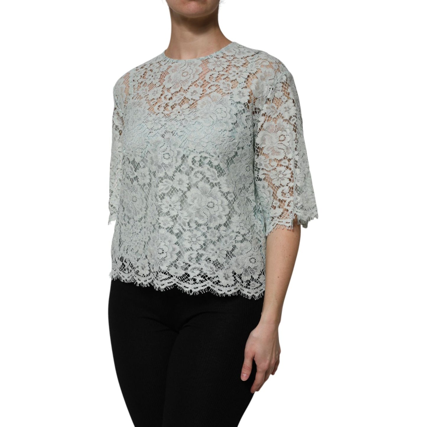 Dolce & Gabbana Mint Green Floral Lace Cotton Blouse Top