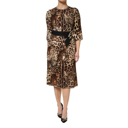 Dolce & Gabbana Brown Leopard Print Belted A-line Midi Dress
