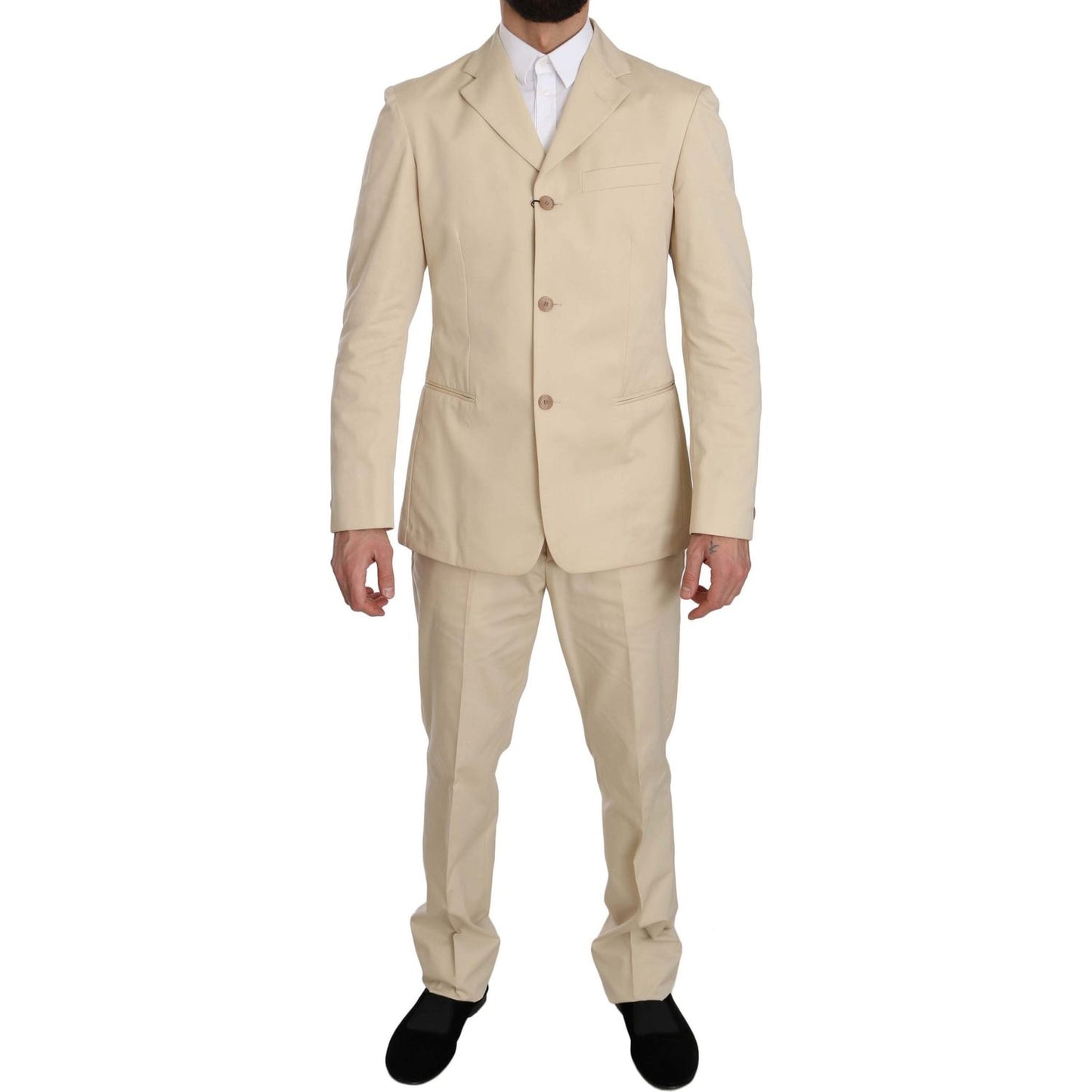 Romeo Gigli Two Piece 3 Button Beige Cotton Solid Suit