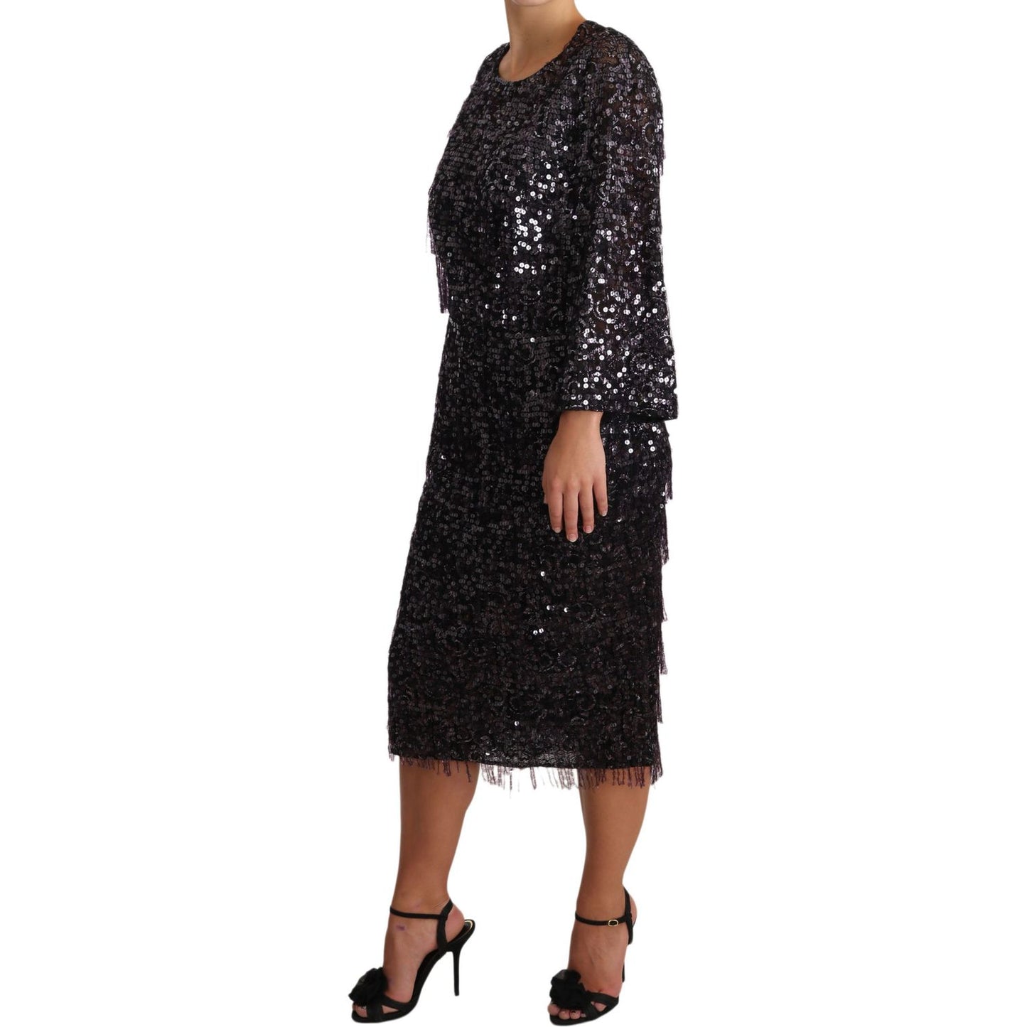 Dolce & Gabbana Black Sequined Long Sleeve Shift Midi Dress