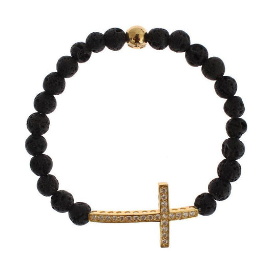 Nialaya Lava Stone Gold Clear CZ Cross 925 Silver Bracelet Bracelet