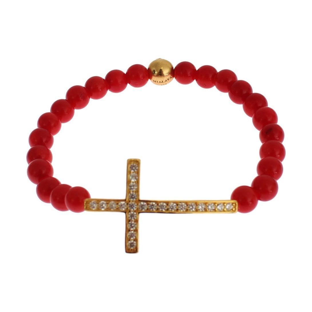 Nialaya Red Coral Gold CZ Cross 925 Silver Bracelet
