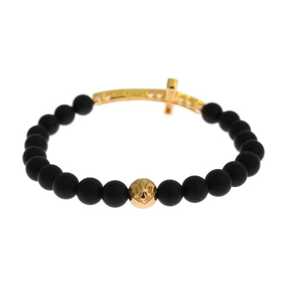 Nialaya Matte Onyx Stone Gold CZ Cross 925 Silver Bracelet