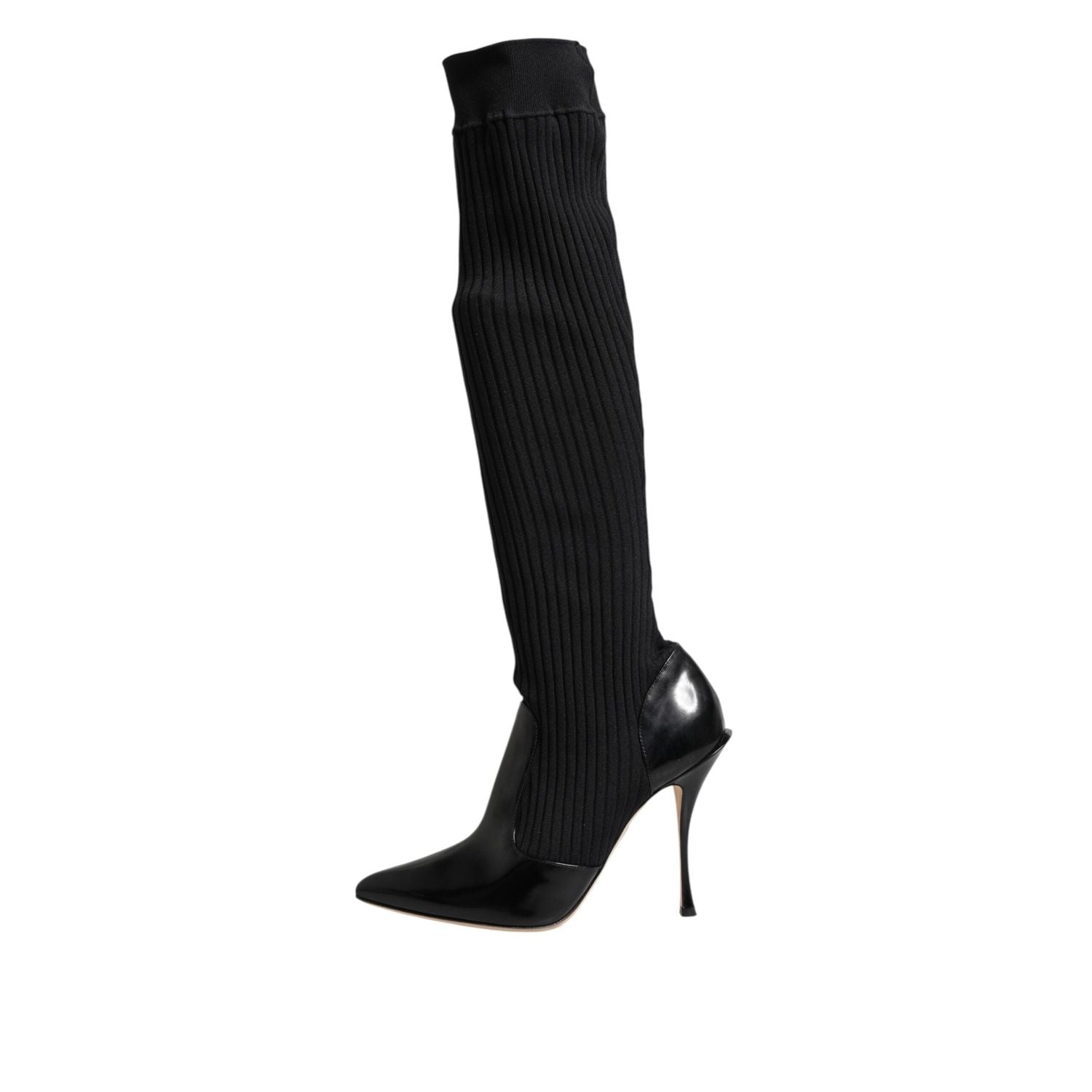 Dolce & Gabbana Black Leather Ribbed Knit Knee Boots Shoes