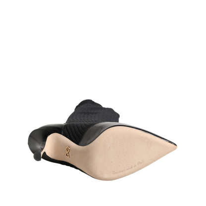 Dolce & Gabbana Black Leather Ribbed Knit Knee Boots Shoes