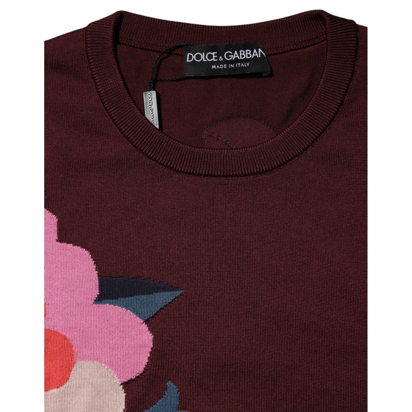 Dolce & Gabbana Maroon Floral Silk Crew Neck Blouse Top