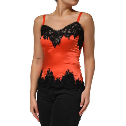Dolce & Gabbana Red Black Lace Trim Silk Sleeveless Tank Top