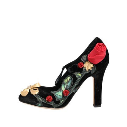 Dolce & Gabbana Black Roses Crystal Brooch Mary Jane Shoes