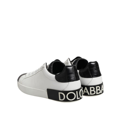 Dolce & Gabbana White Black Leather Portofino Sneaker Shoes