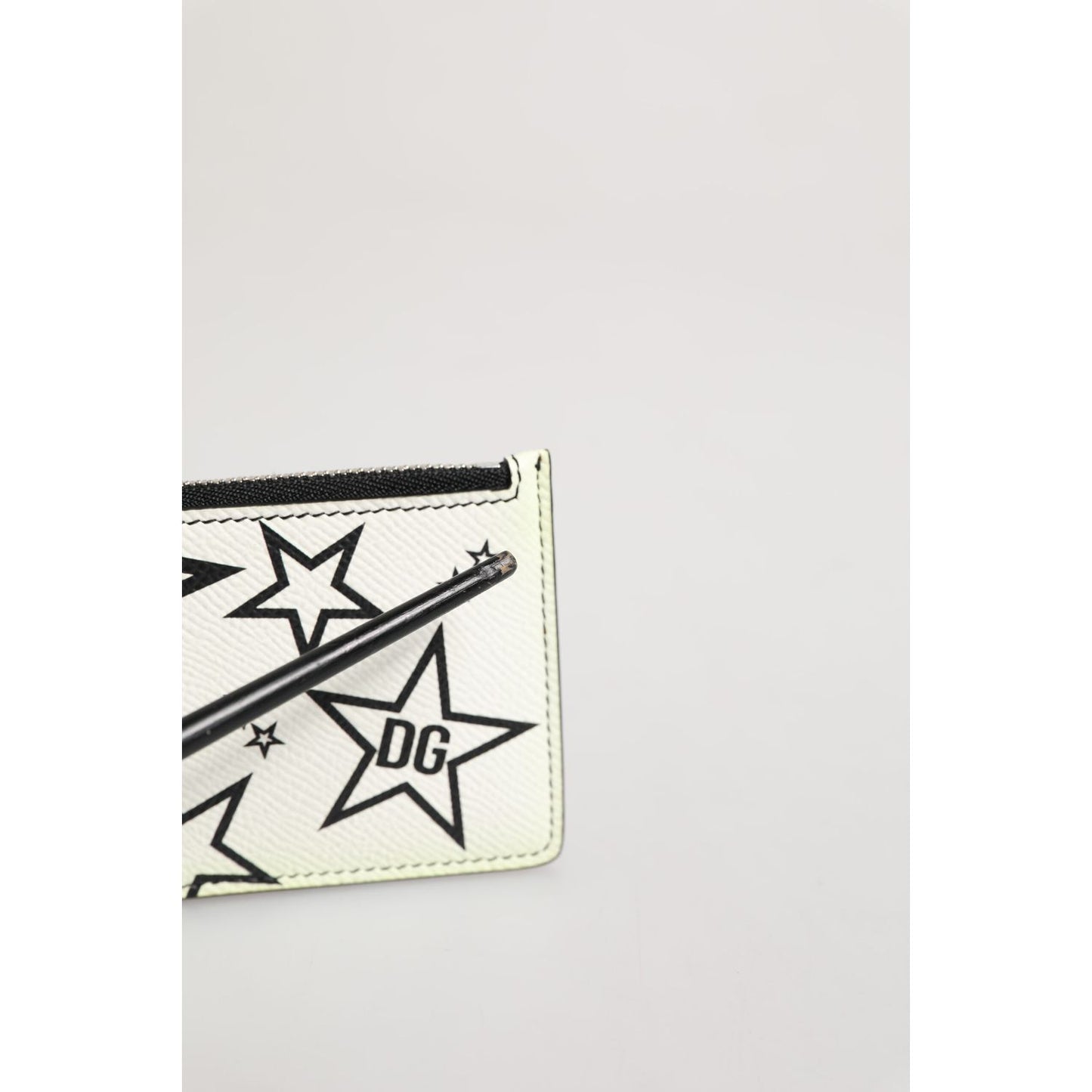 Dolce & Gabbana White Leather Douphin DG Logo Star Print Card Holder Wallet