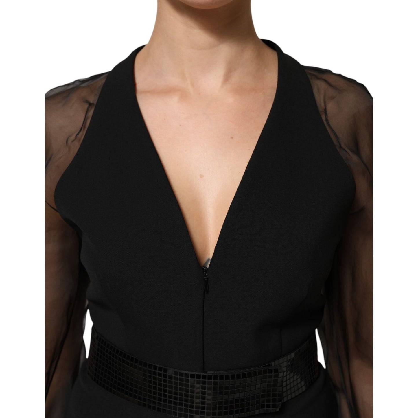 Emporio Armani Black Sheer Sleeve Belted V-Neck Mini Dress