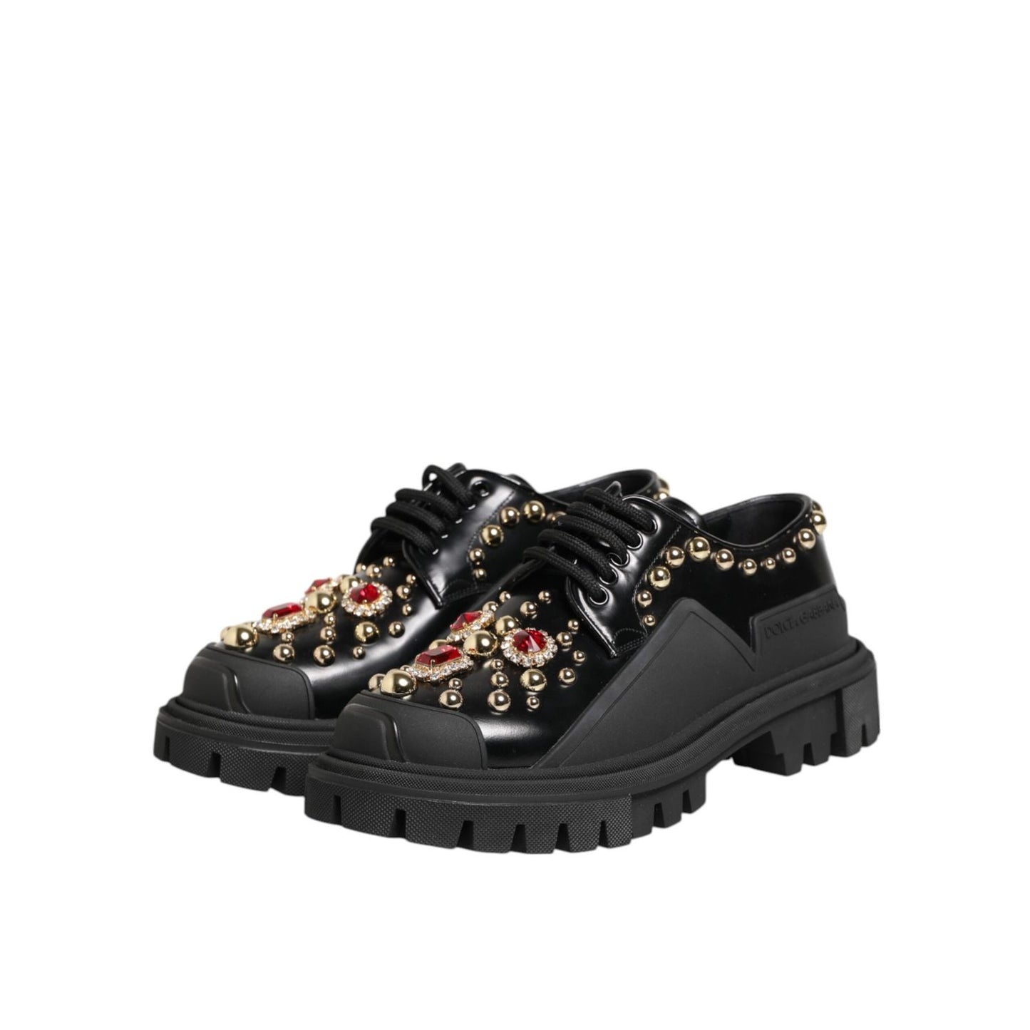 Dolce & Gabbana Black Leather Jeweled Crystals Derby Shoes