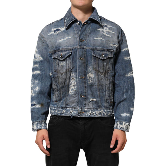 Dolce & Gabbana Blue Cotton Tattered Denim Blouson Jacket