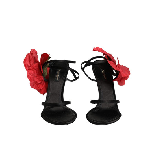 Dolce & Gabbana Black Leather Strappy Flower Heels Sandals Shoes