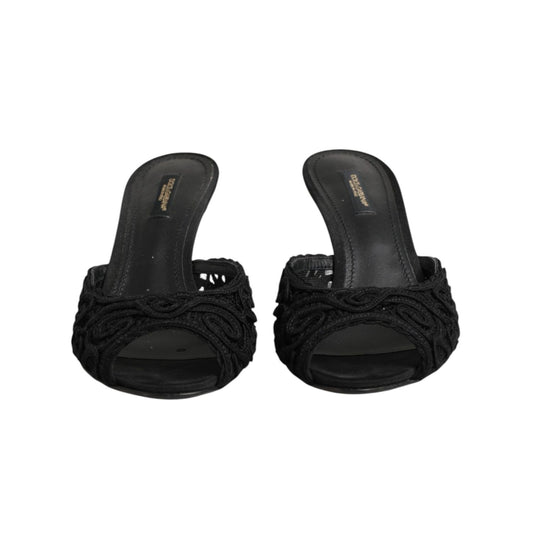 Dolce & Gabbana Black Embroidered Slip On Heels Slides Shoes