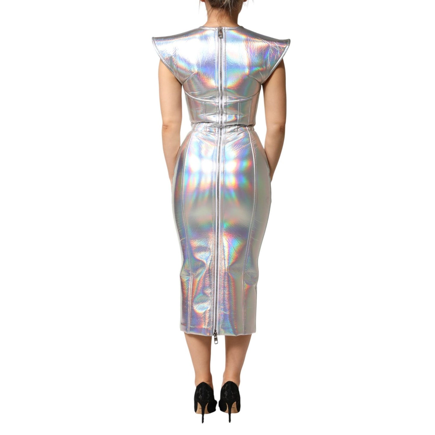Dolce & Gabbana Silver Iridescent Bodycon Sheath Midi Dress
