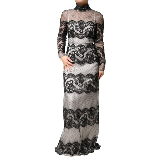 Dolce & Gabbana Black White Lace Silk Blend MaxiSheath Dress