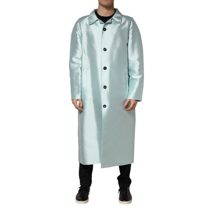 Dolce & Gabbana Teal Satin Collared Long Trench Coat Jacket