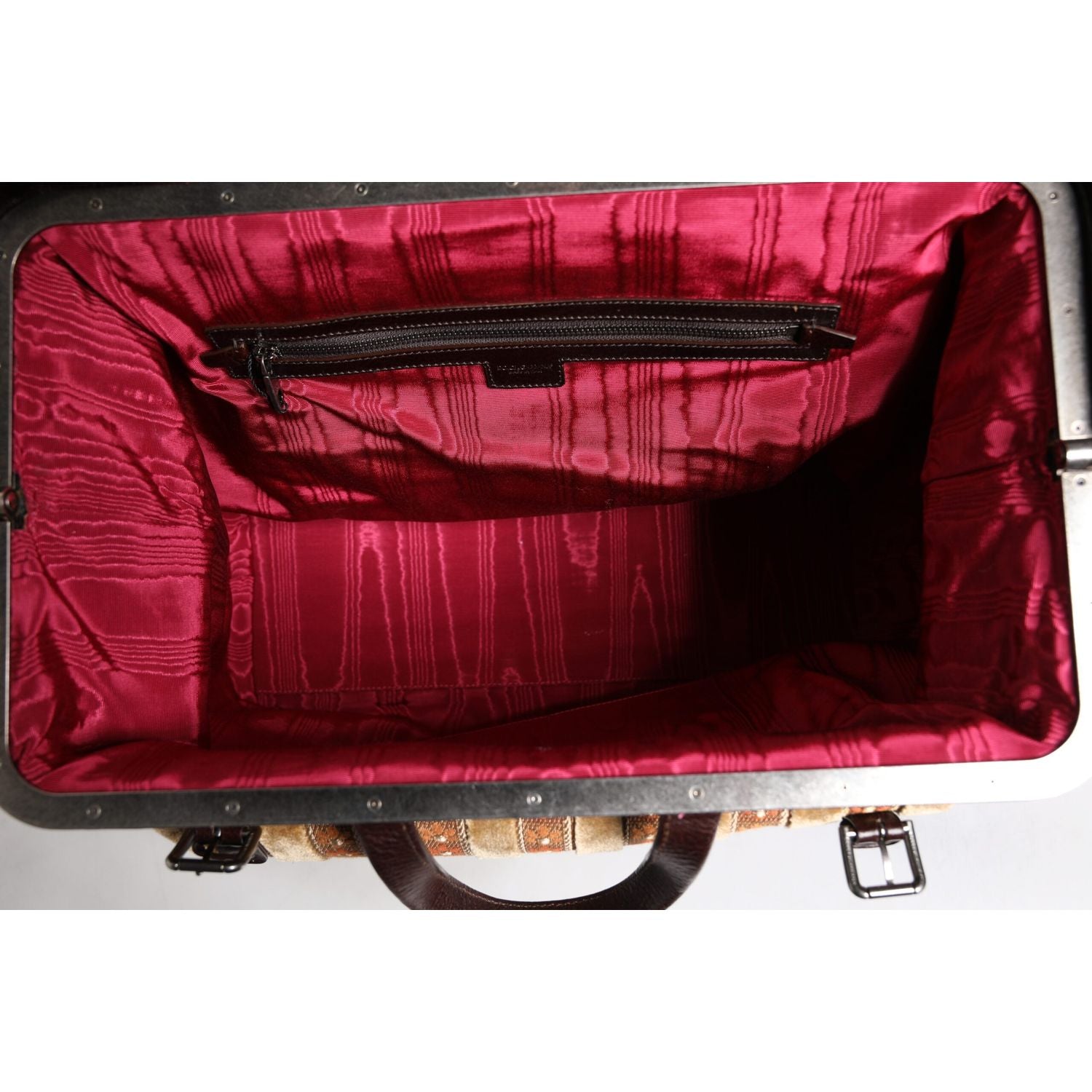 Dolce & Gabbana Beige Maroon Velvet Leather Jacquard Travel Handbag Bag