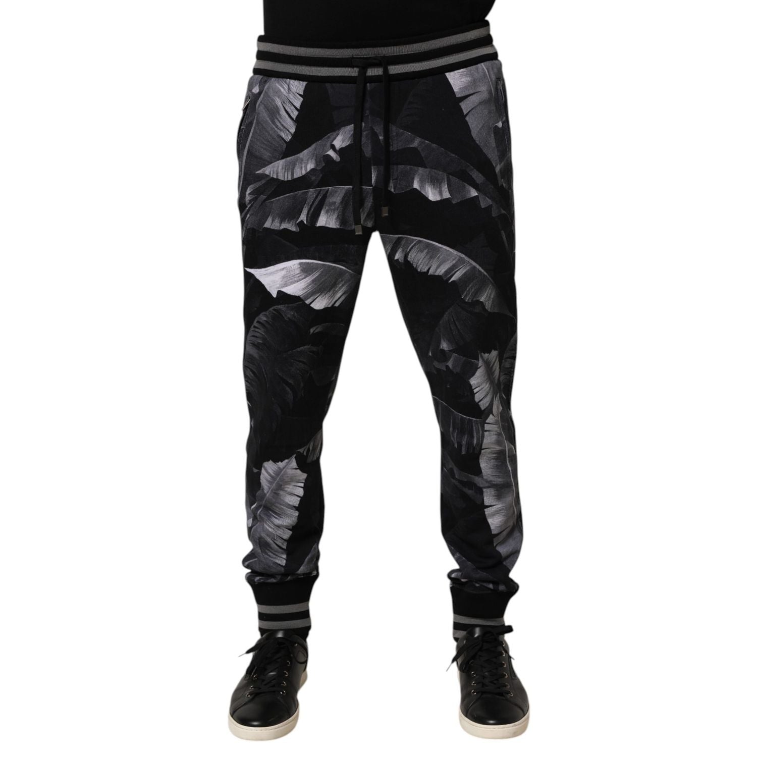 Dolce & Gabbana Black Banana Leaf Cotton Jogger Trouser Pants