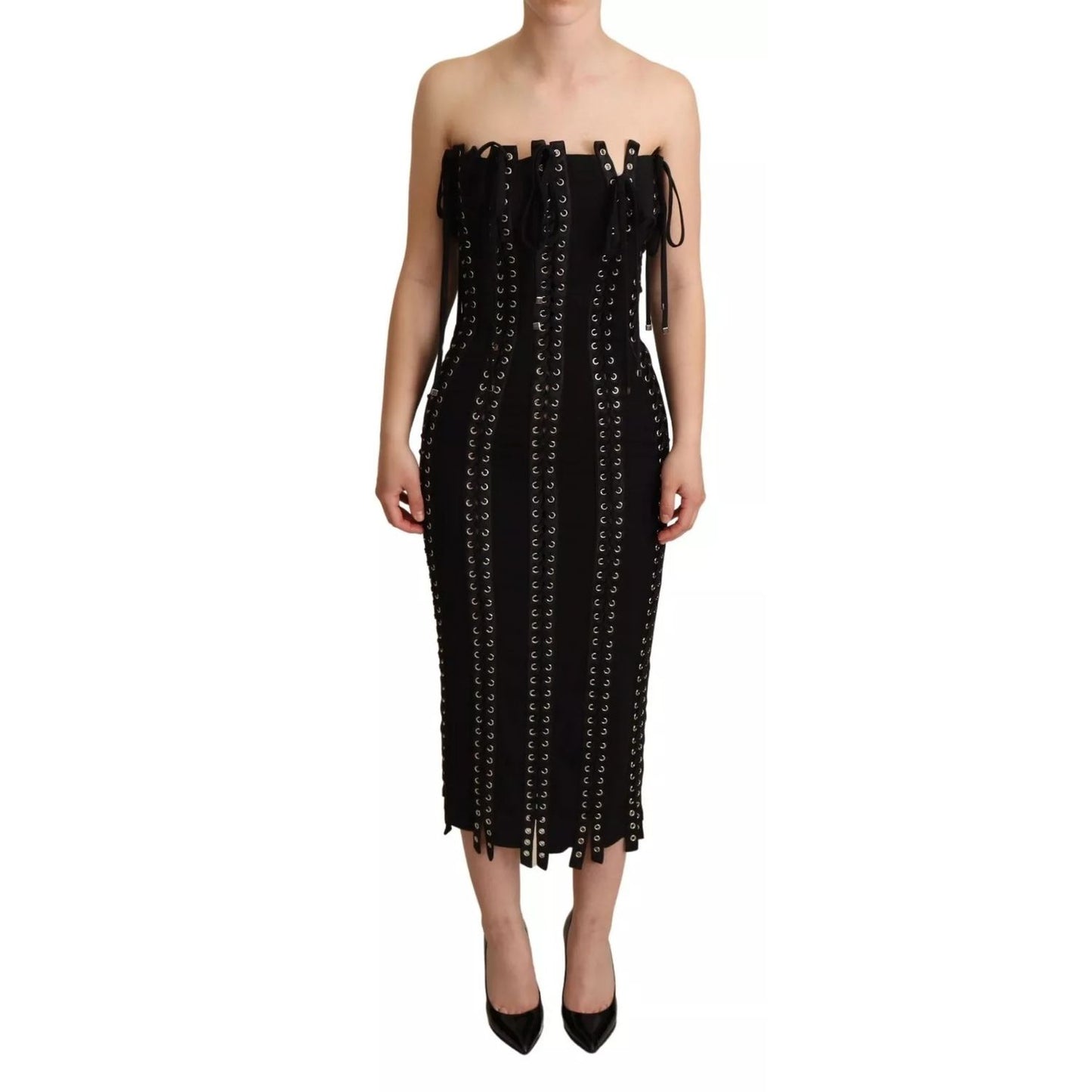 Dolce & Gabbana Black Cady Sleeveless Lace Up Bodycon Dress