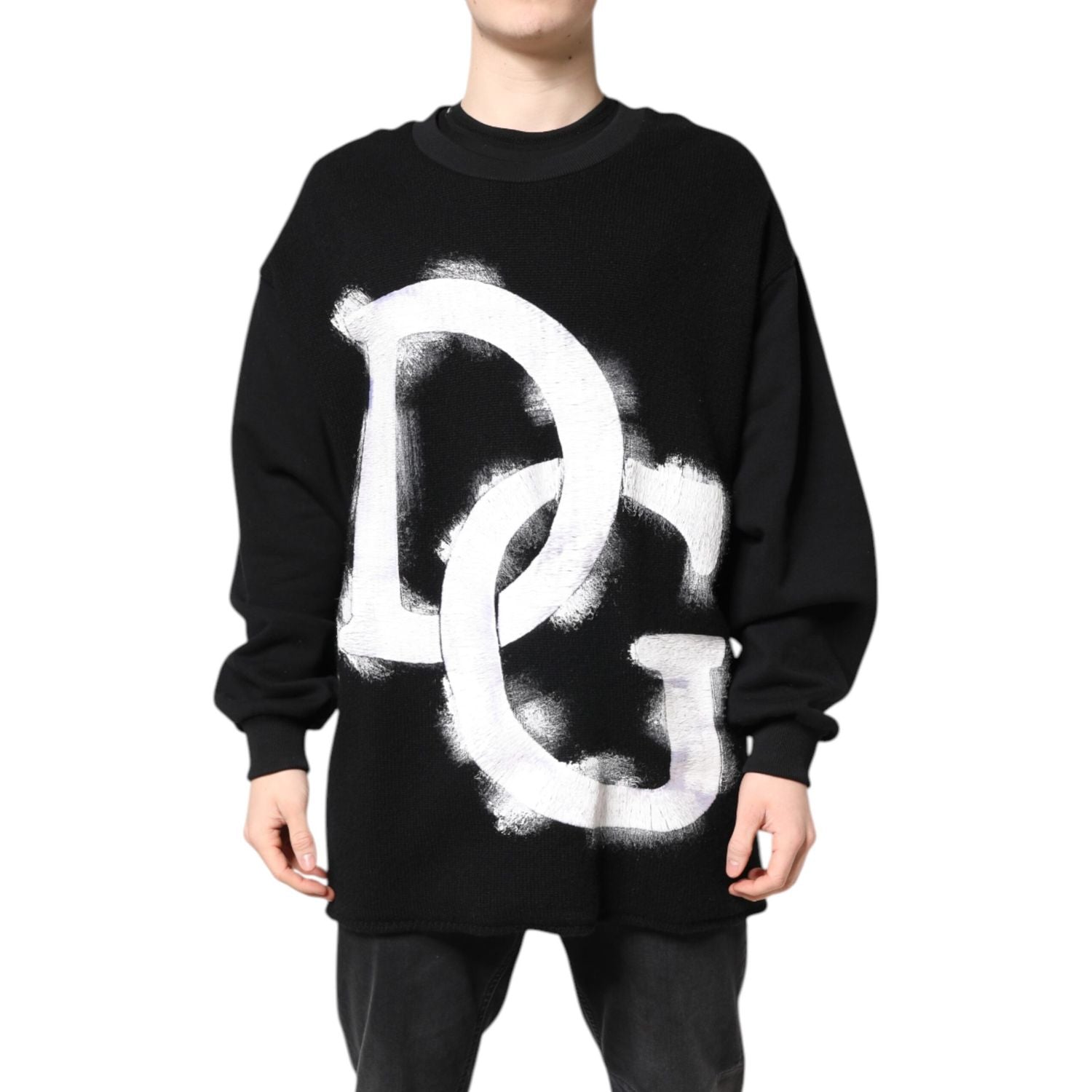 Dolce & Gabbana Black Cotton Logo Print Men Pullover Sweater
