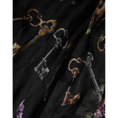 Dolce & Gabbana Black Floral Key Print Crystal Strapless Dress