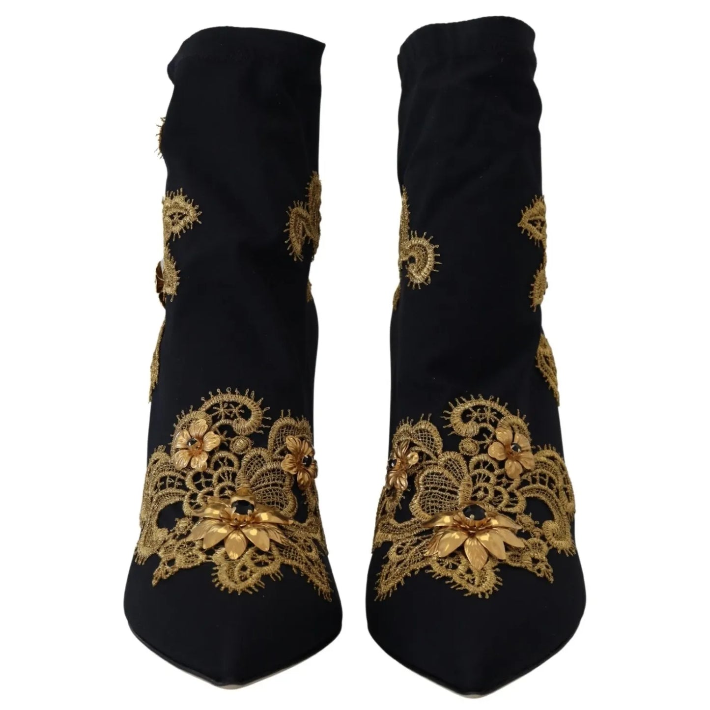 Dolce & Gabbana Black Gold Embroidery Crystal Boots Shoes