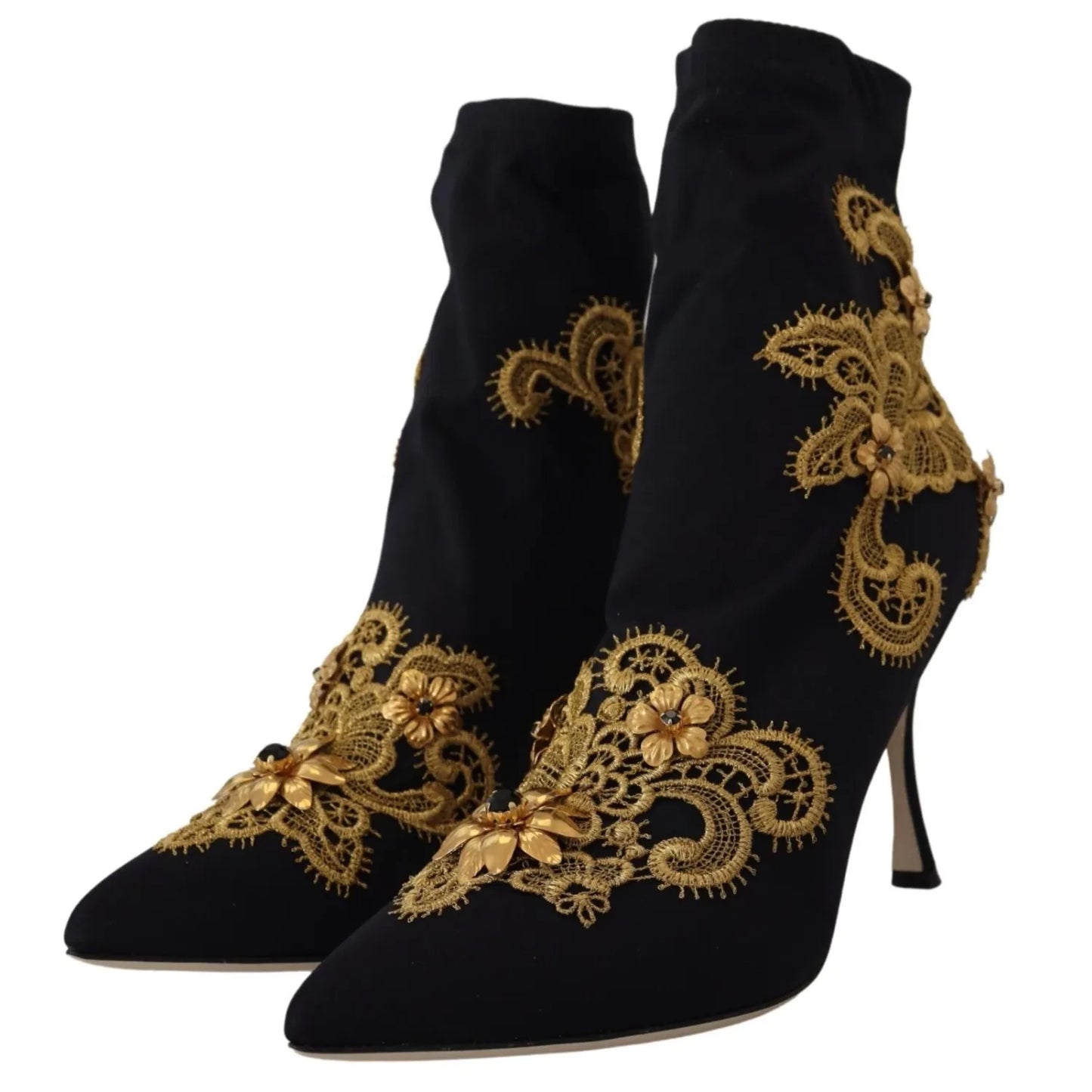 Dolce & Gabbana Black Gold Embroidery Crystal Boots Shoes