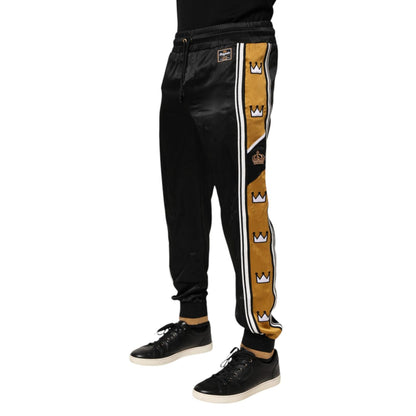 Dolce & Gabbana Black Gold Satin Crown Side Stripe Jogger Pants