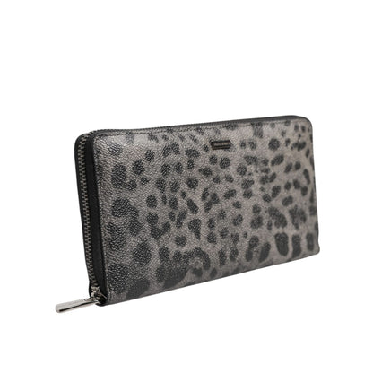 Dolce & Gabbana Black Gray Leopard Leather Zip Around Continental Wallet