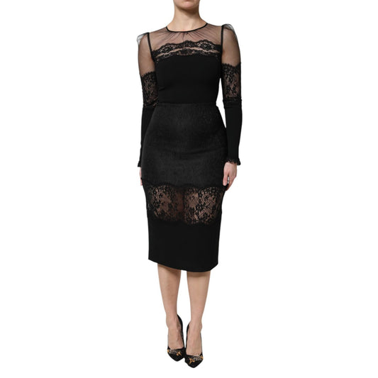 Dolce & Gabbana Black Lace Trim Nylon Tulle SheathMidi Dress