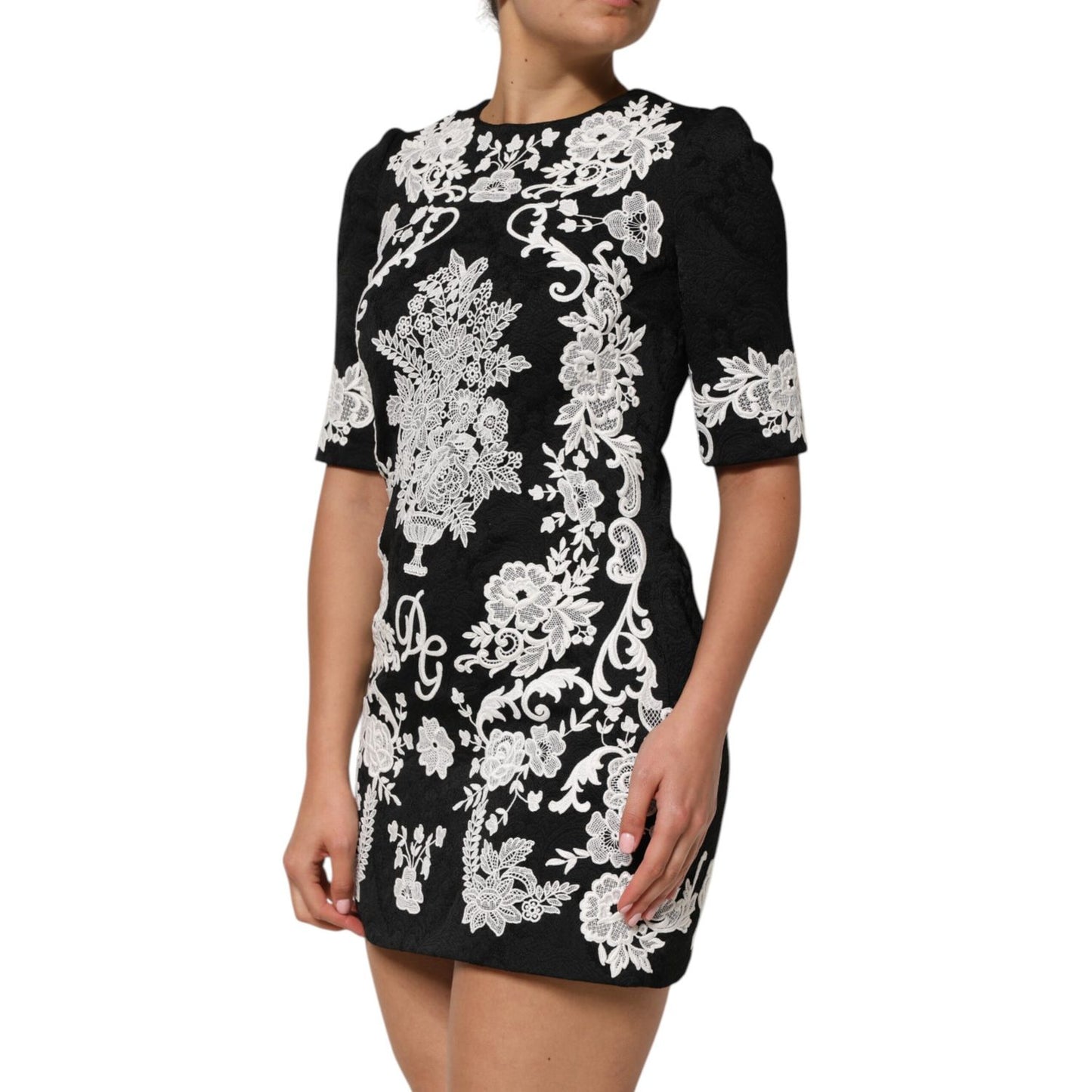 Dolce & Gabbana Black Lace Trim Short Sleeves A-line Dress