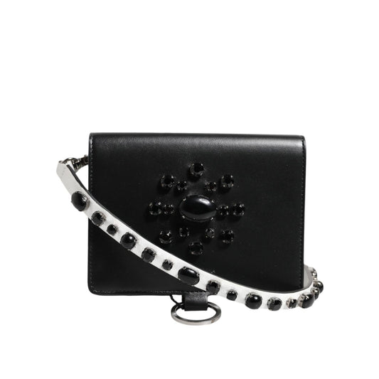 Dolce & Gabbana Black Leather Crystal Embellished Card Holder Wallet