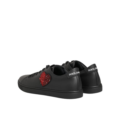 Dolce & Gabbana Black Leather Crystal Heart Sneakers Shoes