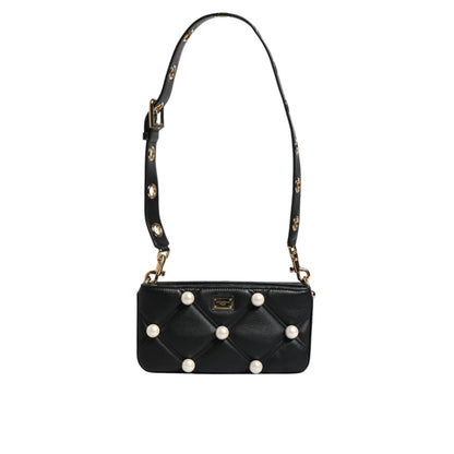 Dolce & Gabbana Black Leather Pearl Embellished Logo Shoulder Bag