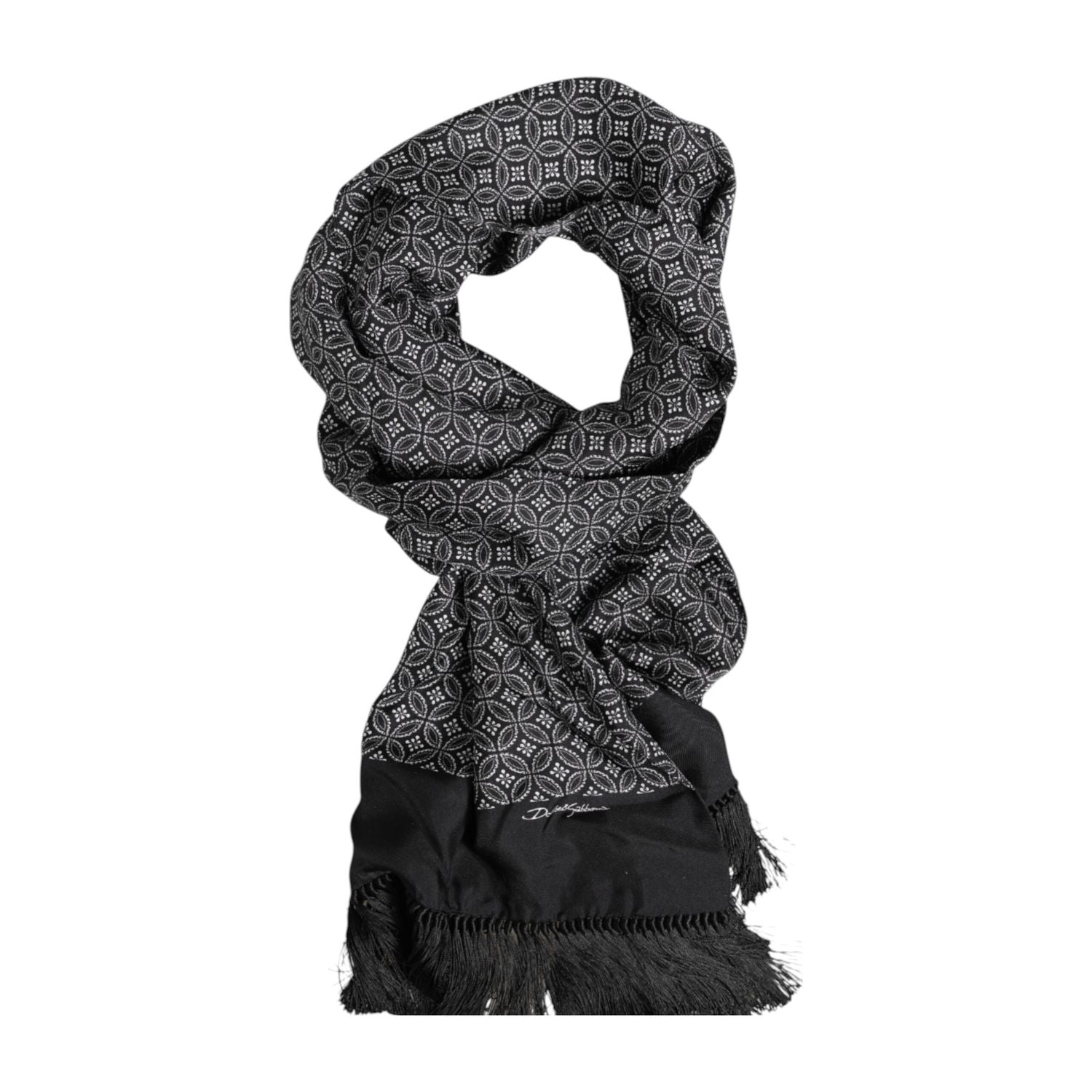 Dolce & Gabbana Black Patterned Fringes Men Foulard Scarf