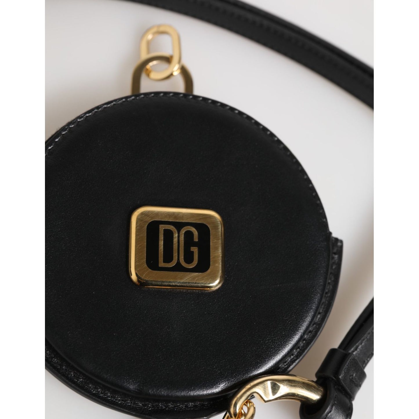 Dolce & Gabbana Black Round Leather DG Logo Coin Purse Lanyard Wallet