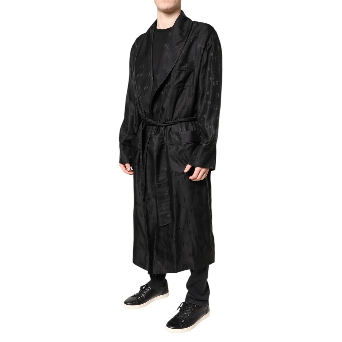 Dolce & Gabbana Black Silk DG Logo Men Wrap Robe Coat Jacket